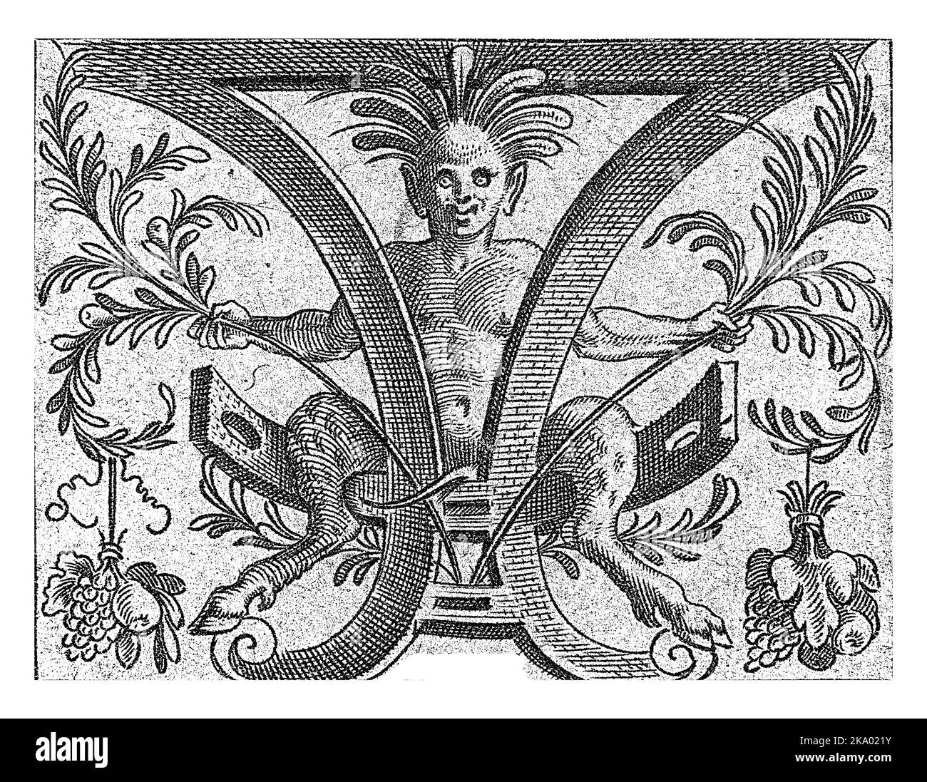 Satyr sitzt in einer Schriftrolle, anonym, nach Cornelis Bos, 1548 in jeder Hand hält der Satyr einen Lorbeerzweig, an dem ein Obsthaufen hängt. Eins Stockfoto