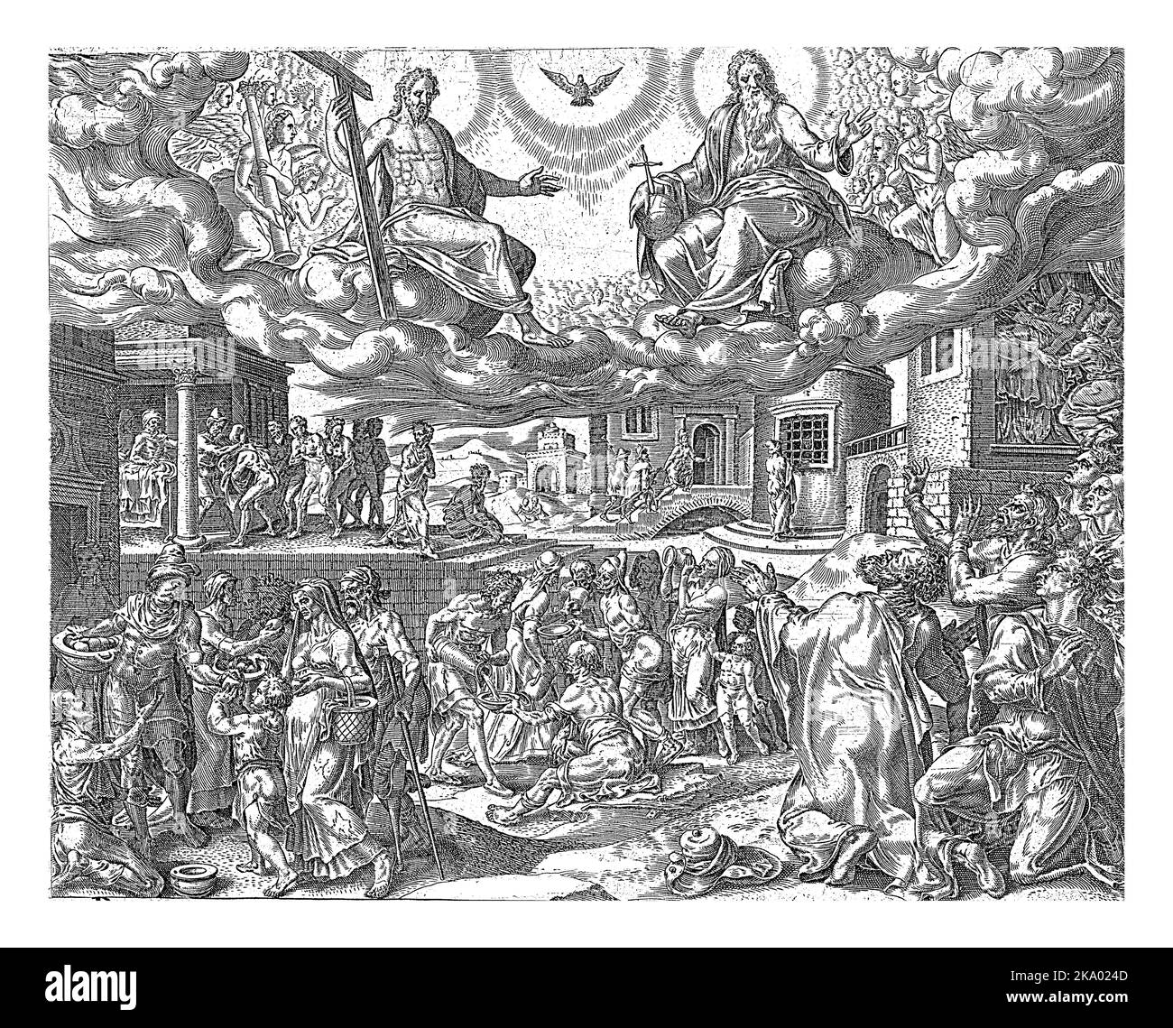 Unser Vater im Himmel, geheiligt sei dein Name, Johannes Wierix, nach Maarten van Heemskerck, 1569 - 1573 kniende Männer und Frauen beten zum Himmel. Stockfoto Unser Vater im Himmel, geheiligt sei dein Name, Johannes Wierix, nach Maarten van Heemskerck, 1569 - 1573 kniende Männer und Frauen beten zum Himmel. Stockfoto