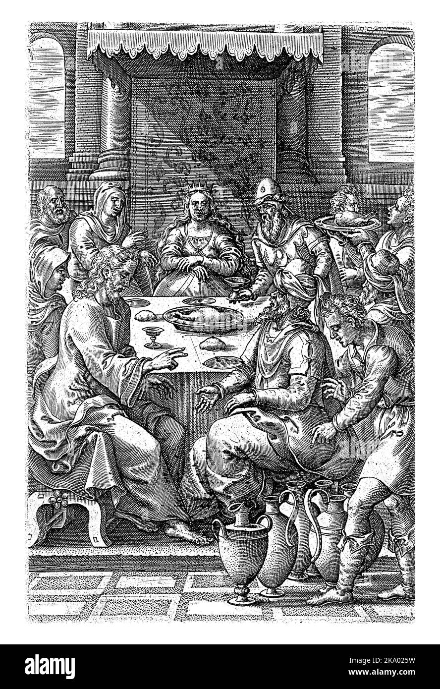 Hochzeit in Kana, Johannes Wierix, nach Pieter van der Borcht, 1571 das Brautpaar und die Gäste sitzen an einem Tisch. Christus segnet die Weintanks Stockfoto