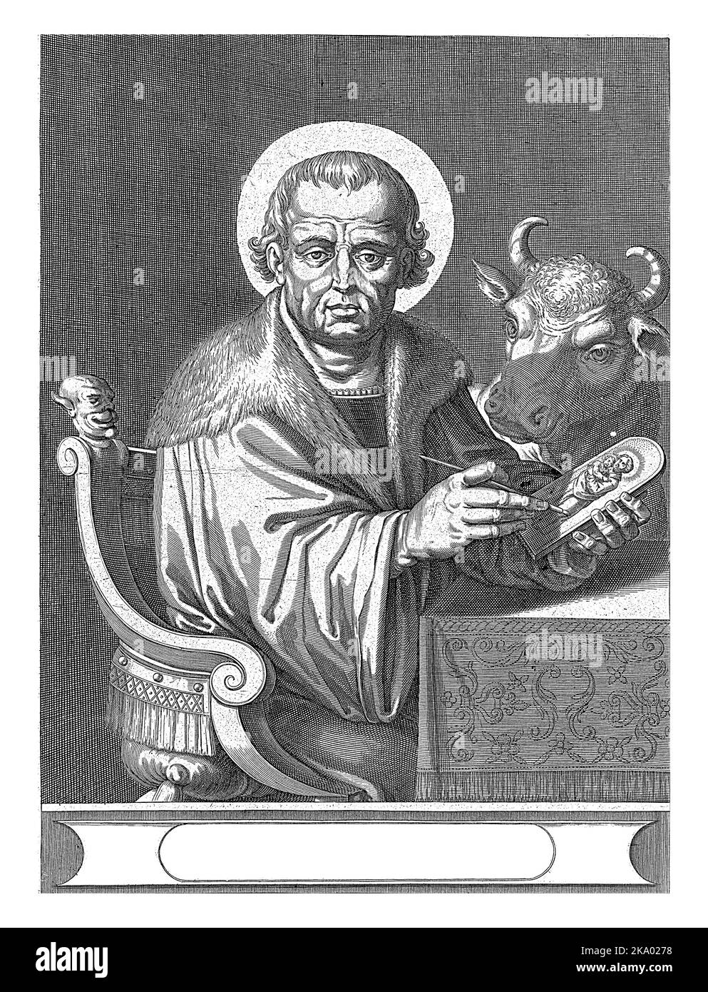 Der Evangelist Lukas malte das Porträt Mariens mit dem Christkind, sitzend an einem Tisch. Neben ihm sind Attribut der Ochse. In einem Rahmen ein zweizeiliger c Stockfoto