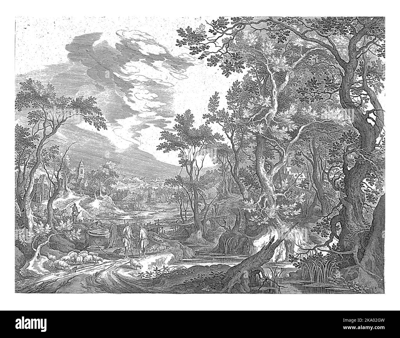 Jakob und die Männer von Haran am Brunnen, Jan van Londerseel, nach Gillis Claesz. De Hondecoeter, 1601 - 1652 Feuchtgebietslandschaft mit Jakob und den Männern Stockfoto