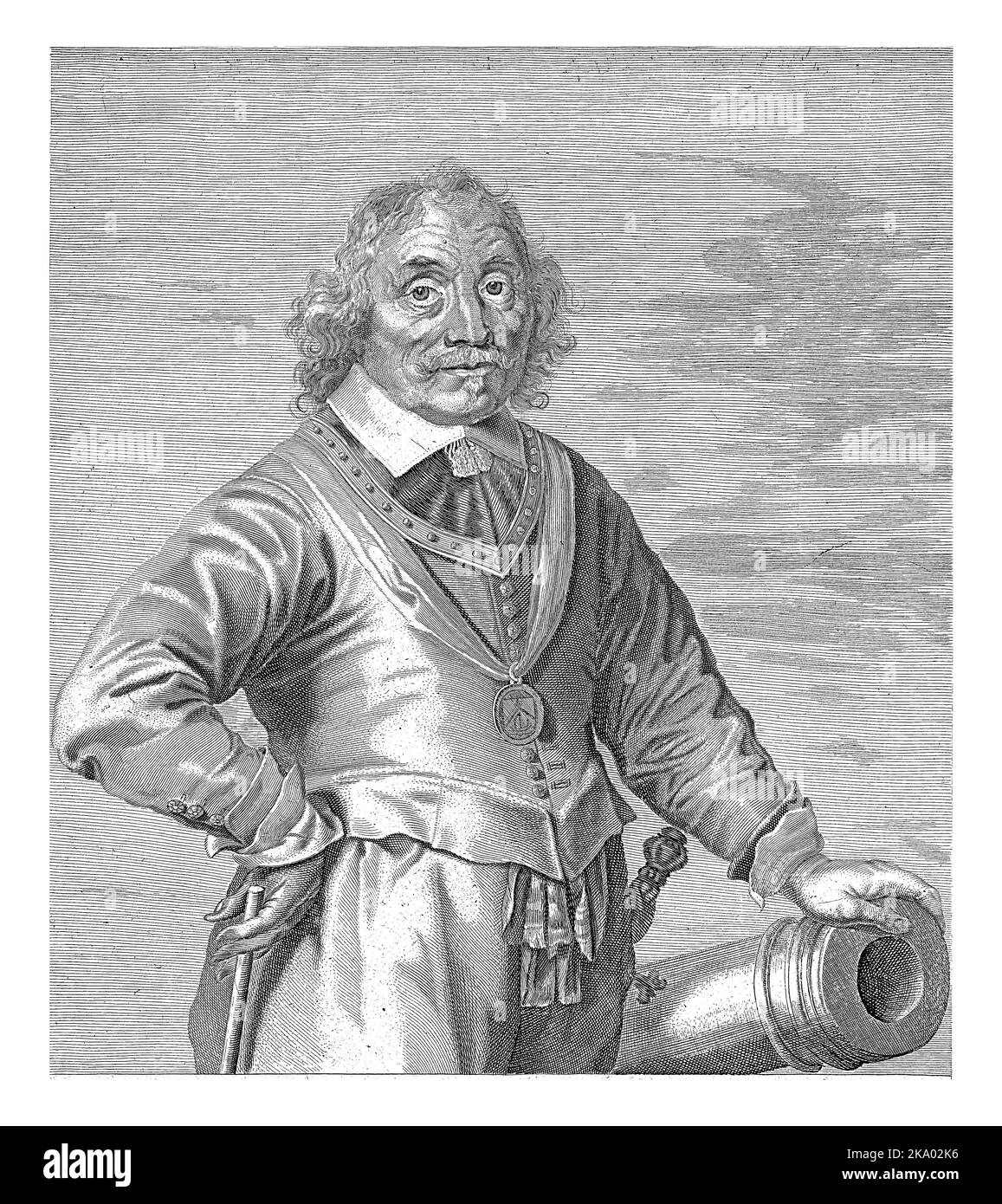 Porträt von Admiral Maarten Harpertsz. Tromp, steht bei einer Kanone. Vers am unteren Rand von Jan Vos. Stockfoto