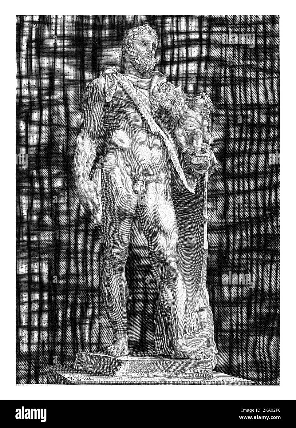 Eine Statue von Herkules mit seinem Sohn Telephos auf seinem Arm. Seine Löwenhaut hängt über Hercules Schulter und das Kind spielt mit dem Kopf des Löwen. Stockfoto