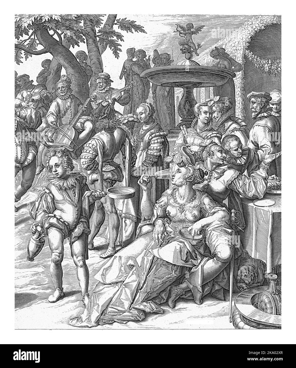 Darstellung auf zwei Blättern eines Unternehmens, das sich an einem Brunnen im Freien mit Essen, Trinken, Musik und Balz erfreut. Im Hintergrund ein Mann Stockfoto