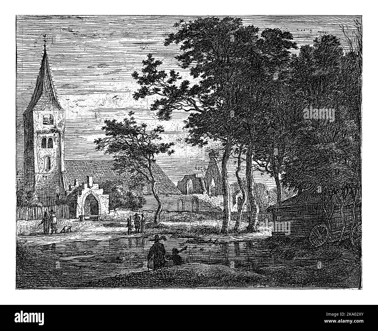 Blick auf den teilweise ruinierten Chor der Kirche in Velsen. Im Vordergrund ein Teich und einige Figuren. Stockfoto