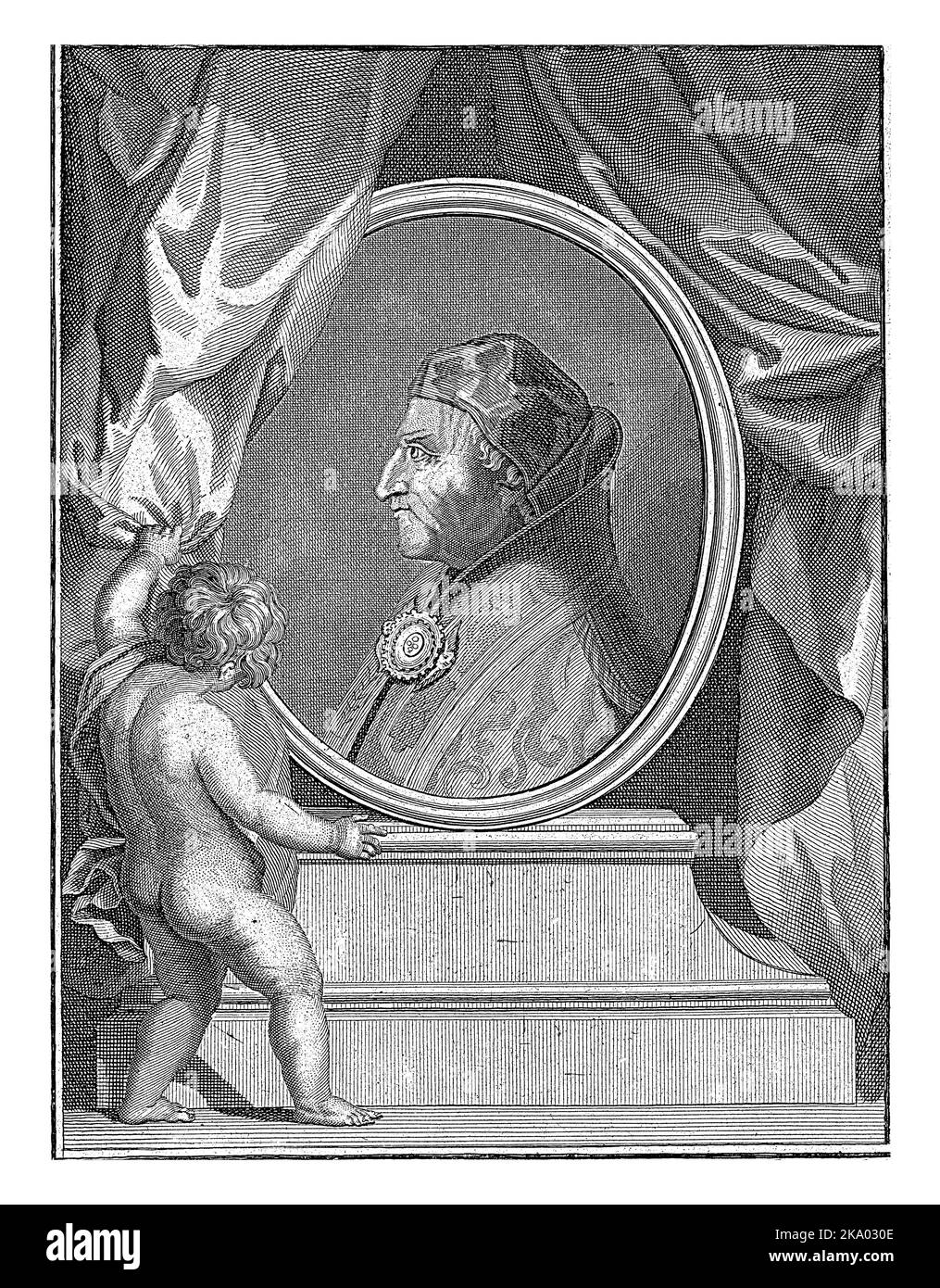Büste Porträt von Papst Pius II., mit Kamauro. Das Porträt ist in einem ovalen Rahmen gesetzt. In einem Rahmen auf dem Sockel eine dreizeilige Beschriftung auf Französisch. Stockfoto