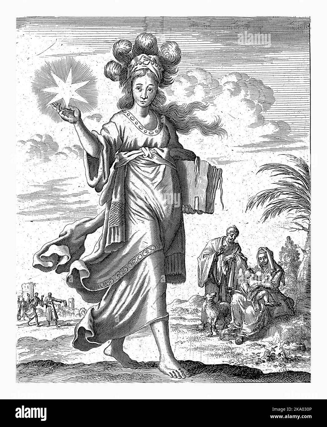 Tiburtine Sibyl, Jan Luyken, 1684 Tiburtine Sibyl. Im Hintergrund die Heilige Familie. Drucken markiert oben rechts: Seite: 807. Stockfoto
