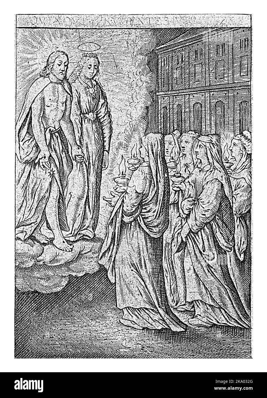 Die fünf weisen Jungfrauen, Hieronymus Wierix, 1563 - vor 1619 erscheinen den fünf weisen Jungfrauen Christus und Maria. Die Jungfrauen haben alle ihre Öllampen in sich Stockfoto