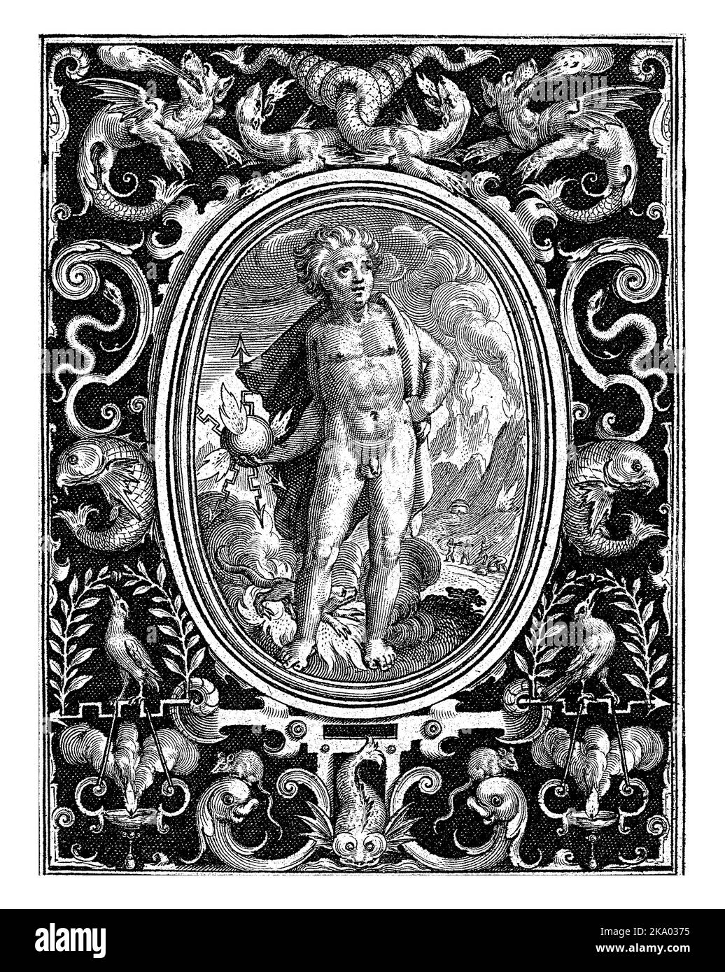 Feuerelement als junger Mann mit Blitz in einem Rahmen mit Ornamenten, Nicolaes de Bruyn, 1582 - 1635 Feuerelement als junger Mann, der mit l Stockfoto