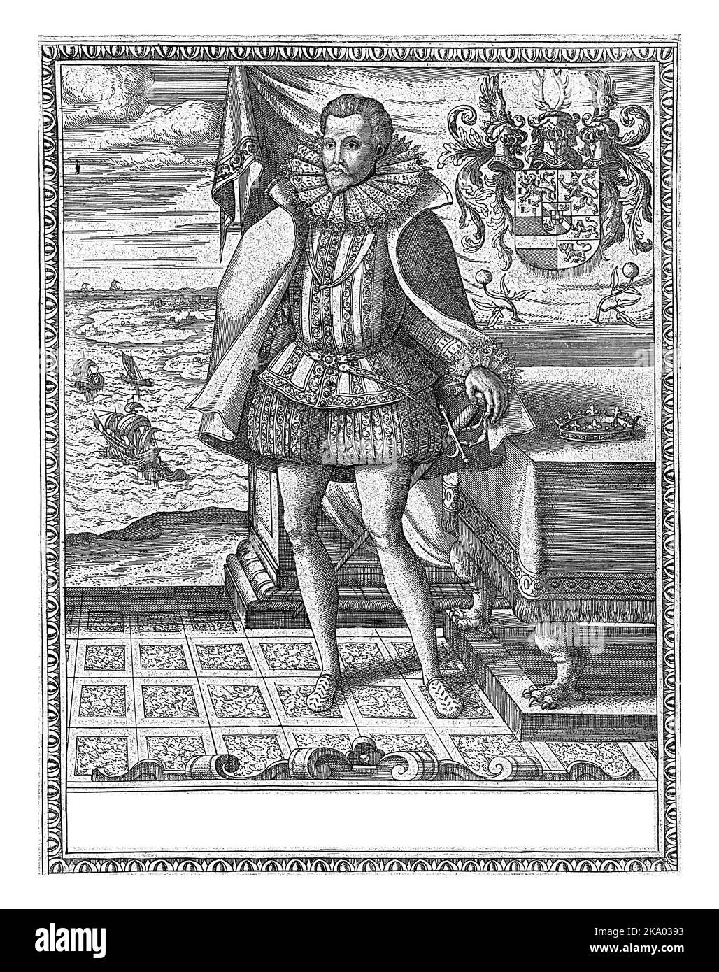 Porträt von Philip William, Prinz von Orange, Pieter van der Borcht (I), c. 1572 - 1608 Porträt von Philip William. Er steht in einem Raum neben einem Tisch Stockfoto