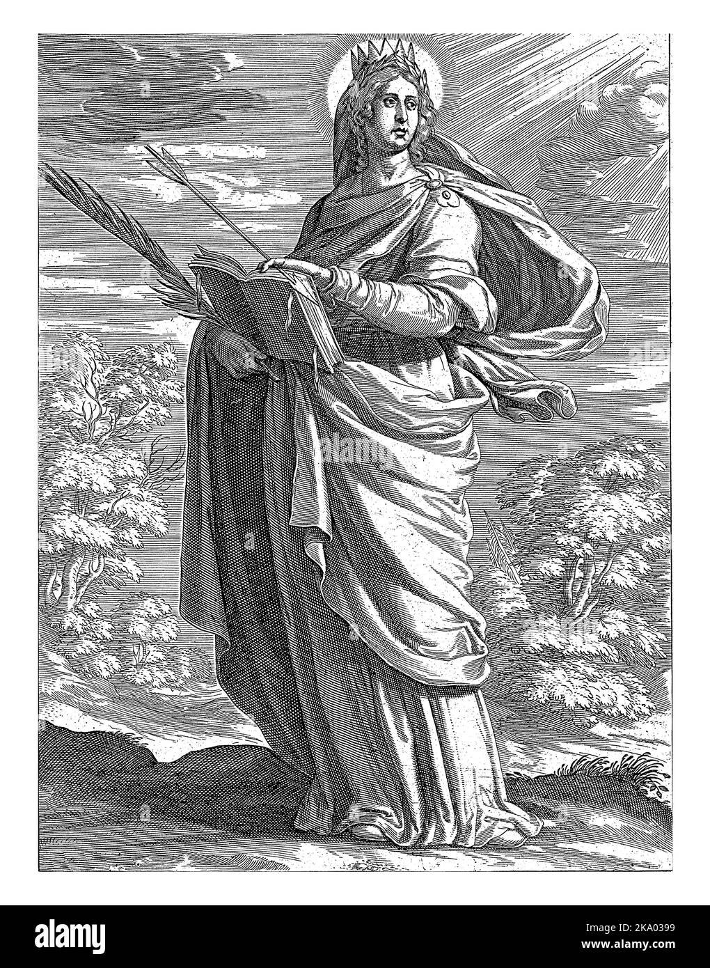 Hl. Ursula, Theodore Galle, nach David Teniers, 1581 - 1633 hl. Ursula von Rom. Sie trägt in ihren Händen ein offenes Buch, einen Palmenzweig und einen Pfeil Stockfoto