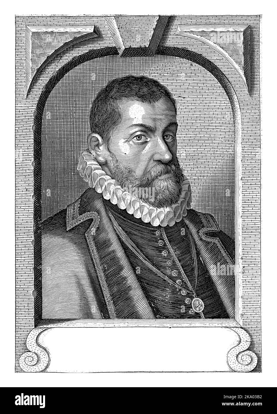 Porträt Karls II., trägt er ein Band mit einem Porträtmedaillon. Das Porträt ist in einem bogenförmigen Rahmen gesetzt. Im Rahmen eine dreizeilige Beschriftung in Stockfoto