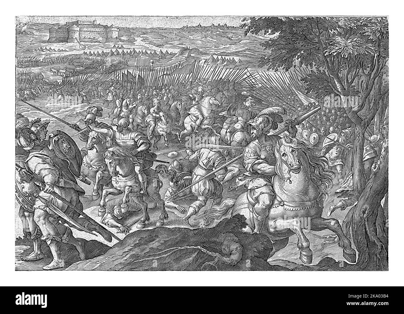 Im Vordergrund eine Kavallerieschlacht, im Hintergrund die Belagerung einer Burg. Unterhalb der Performance zwei Zeilen Latein. Stockfoto