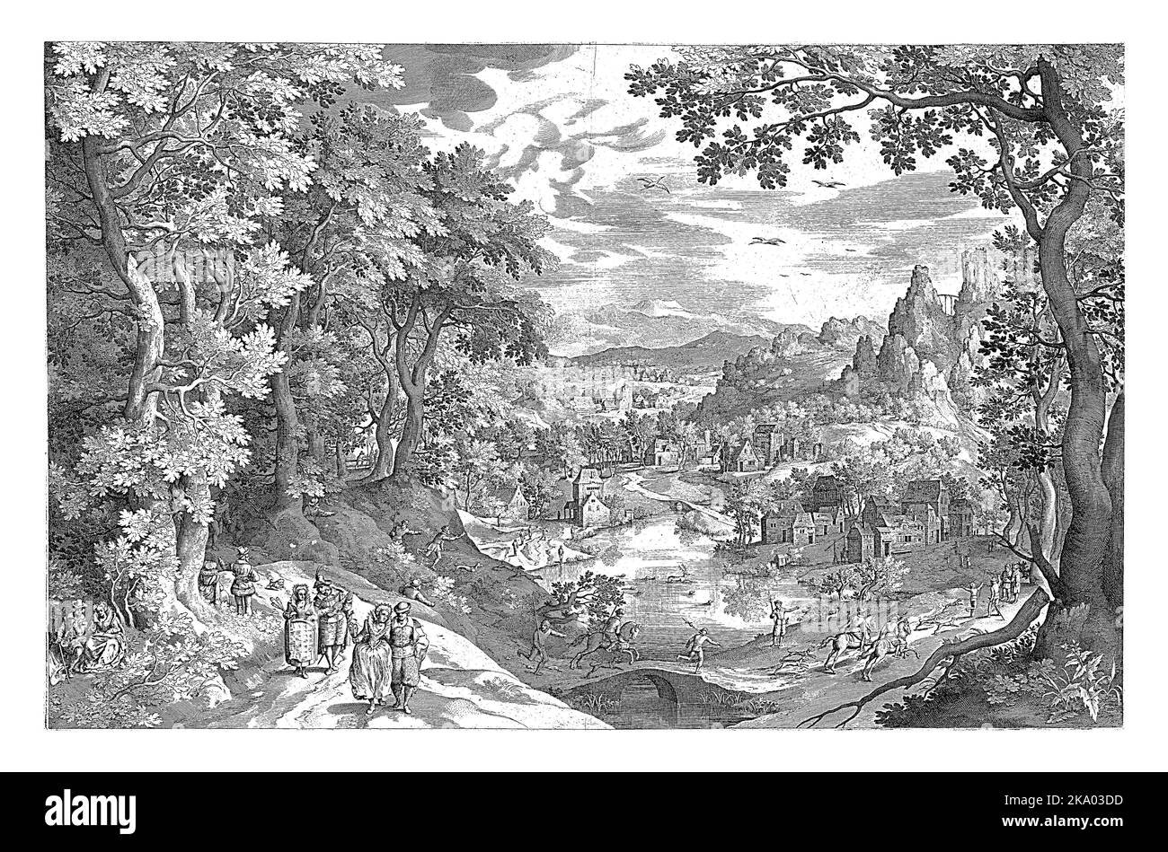 Landschaft mit Hirschjagd, Nicolaes de Bruyn, nach Jan Brueghel (I), 1607 hügelige Landschaft mit einem Dorf. Im Vordergrund wird ein Hirsch gejagt Stockfoto