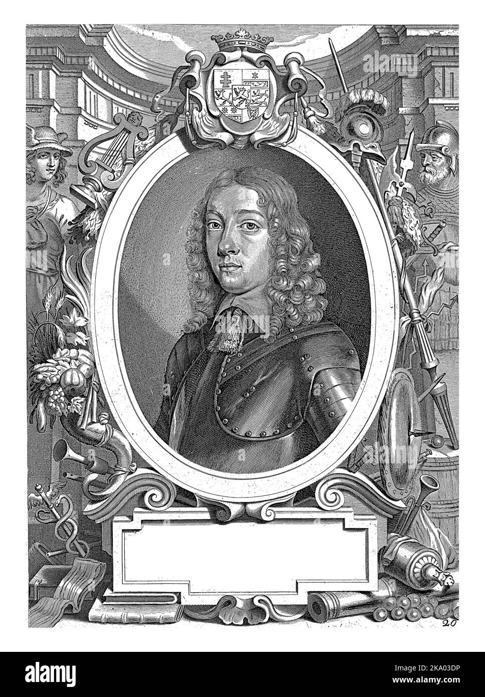 Porträt von Wilhelm VI., Landgraf von Hessen-Kassel, in einem allegorischen Rahmen. Links Merkur und Attribute einschließlich Leier, Caduceus und ein Füllhorn. Stockfoto