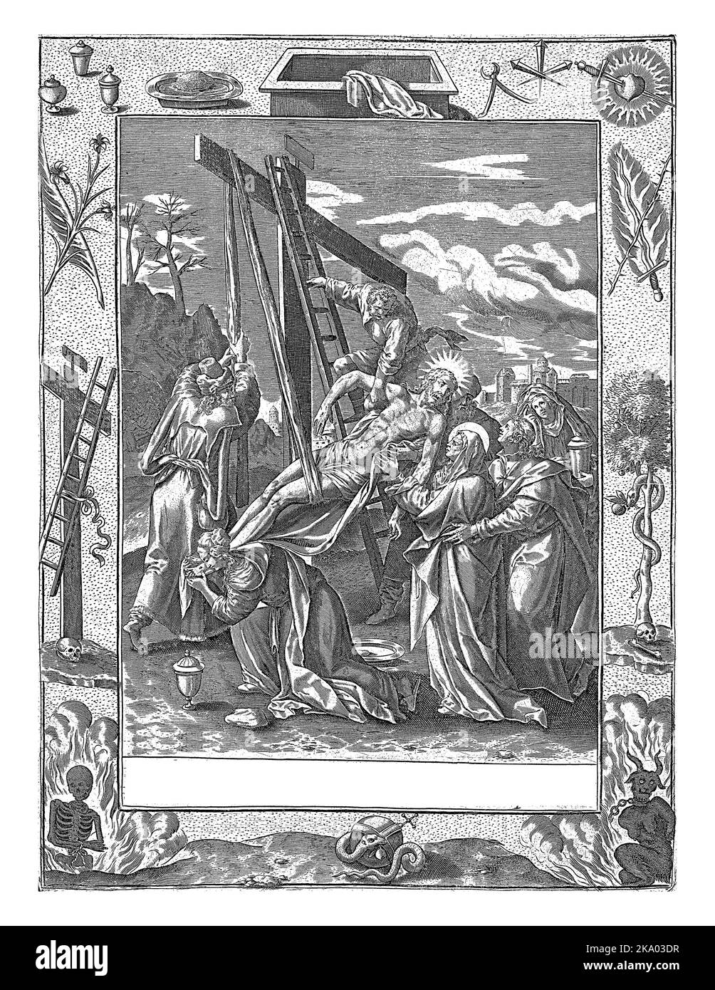 Sieben Personen um Christus und das Kreuz. Johannes und Maria unterstützen den Leichnam Christi, der vom rechten Arm von einem Mann gehalten wird, der auf einer Leiter steht. Stockfoto