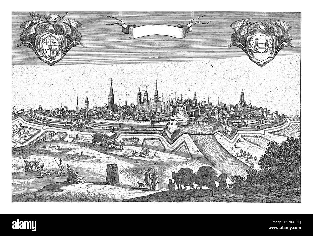 Blick auf die ummauerte Stadt Münster. Die Klöster und Kirchen sind nummeriert. Stockfoto