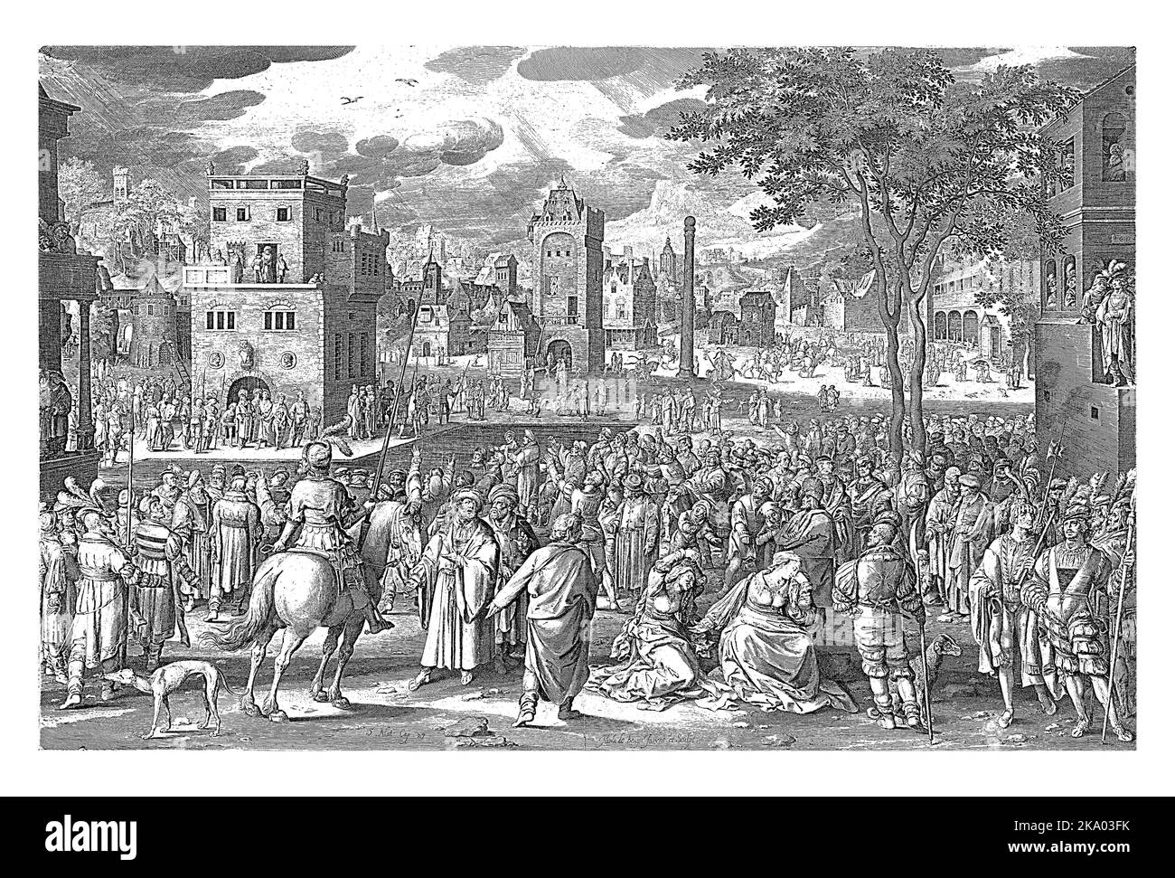 Ecce Homo, Nicolaes de Bruyn, 1639 - nach 1706 Ein Stadtplatz mit der trauernden Jungfrau Maria und Maria Magdalena im Vordergrund. Im Hintergrund P Stockfoto