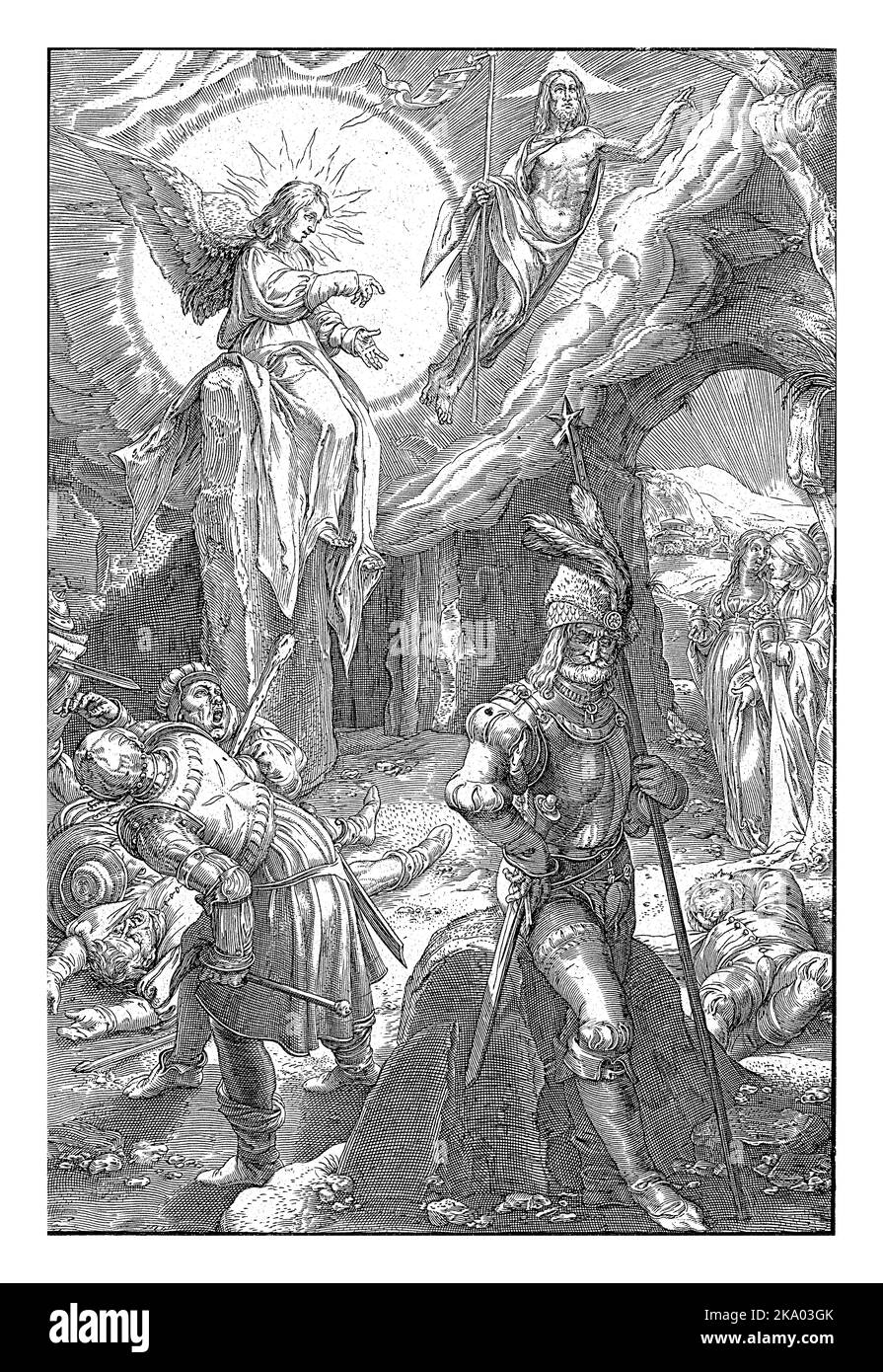 Christus schwebt am Eingang seines Grabes mit einem Siegesbanner in der Hand. Stockfoto