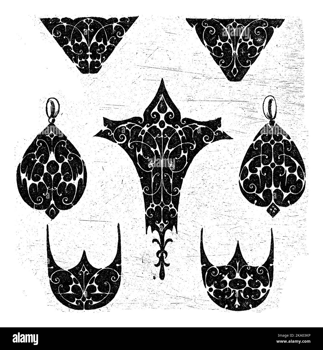 Ringornament zwischen sechs Ornamenten, Guillaume de la Quewellerie, 1611 aus einer Serie von 6 Blättern. Stockfoto