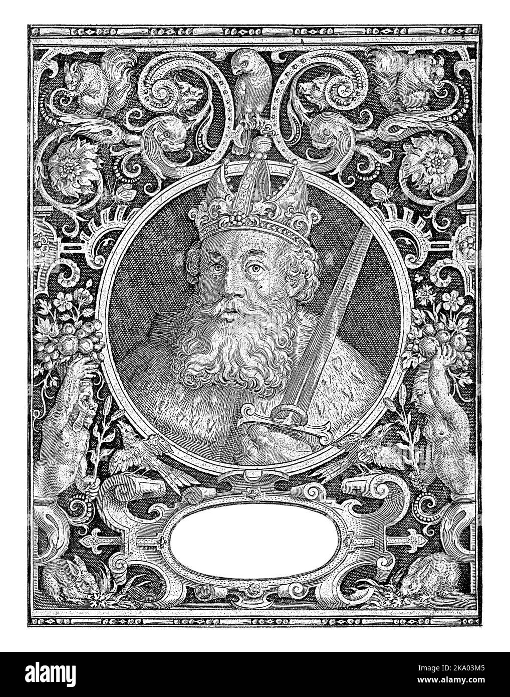 Porträt Karls des Großen als König mit Krone und Schwert in Medaillon im rechteckigen Rahmen mit verschiedenen Tieren und Fantasy-Kreaturen als Ornamente. Stockfoto