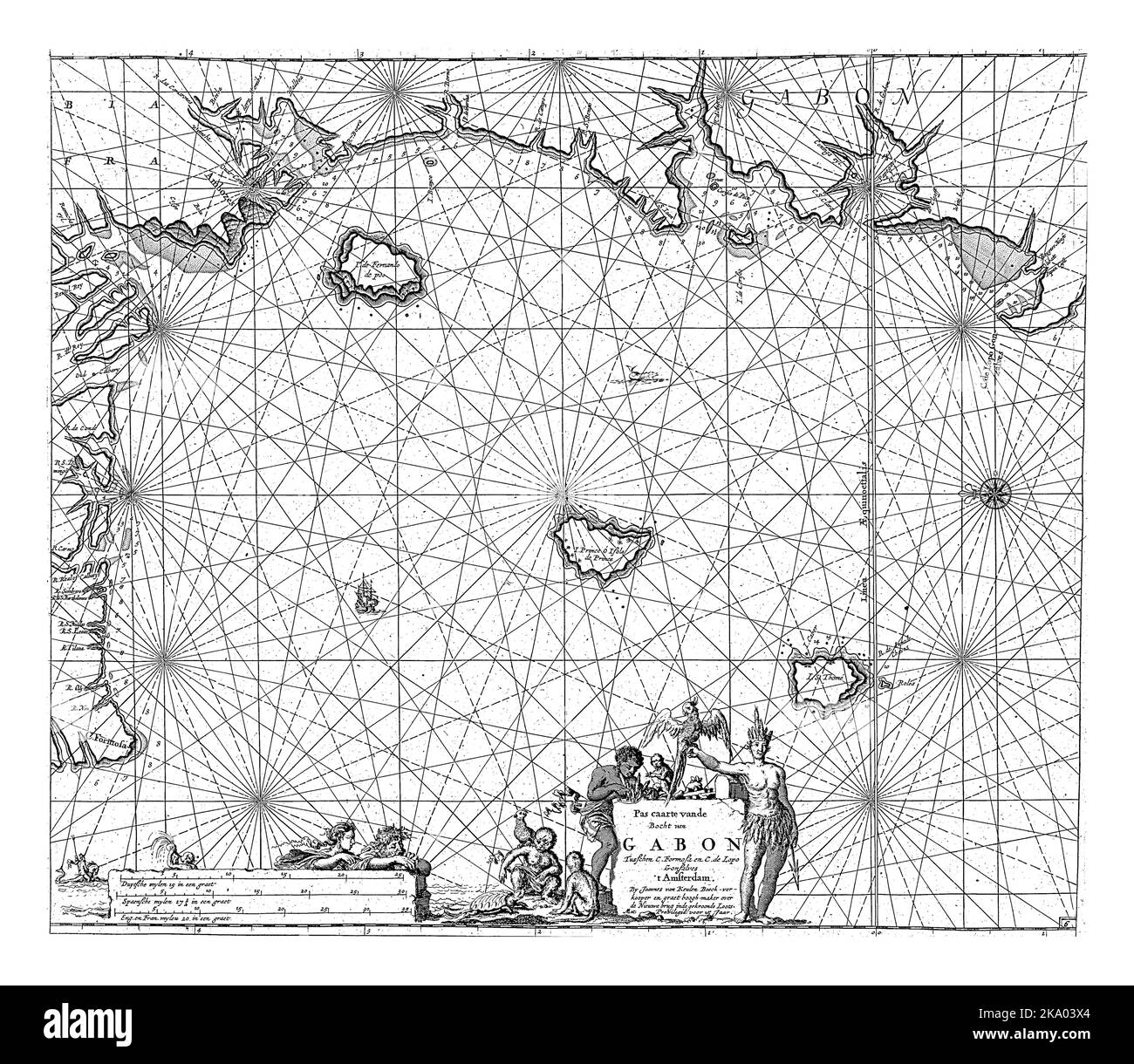 Passkarte der Küste von Äquatorialguinea, Gabun und Kamerun, mit einer Kompassrose, Norden ist auf der linken Seite. Stockfoto
