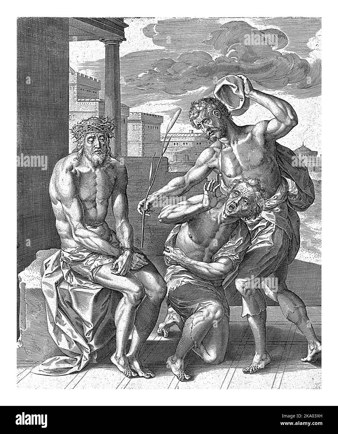 Verhöhnung Christi, Hieronymus Wierix, nach Gillis Mostaert (I), 1563 - vor 1586 wird Christus von zwei Männern verspottet. Einer von ihnen hält ein Rohr in seinem Stockfoto