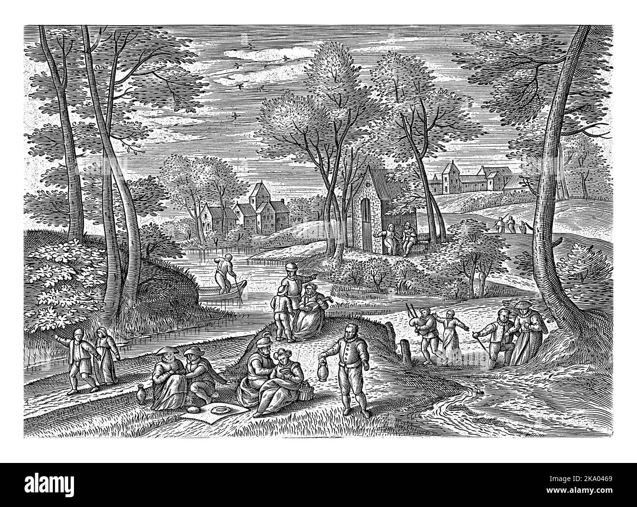 Frühlingslandschaft mit Frühlingsszenen. Der Mai ist der Monat der Liebe. Im Vordergrund verliebte Paare, die gemeinsam herumlaufen, Musik spielen oder essen. Stockfoto