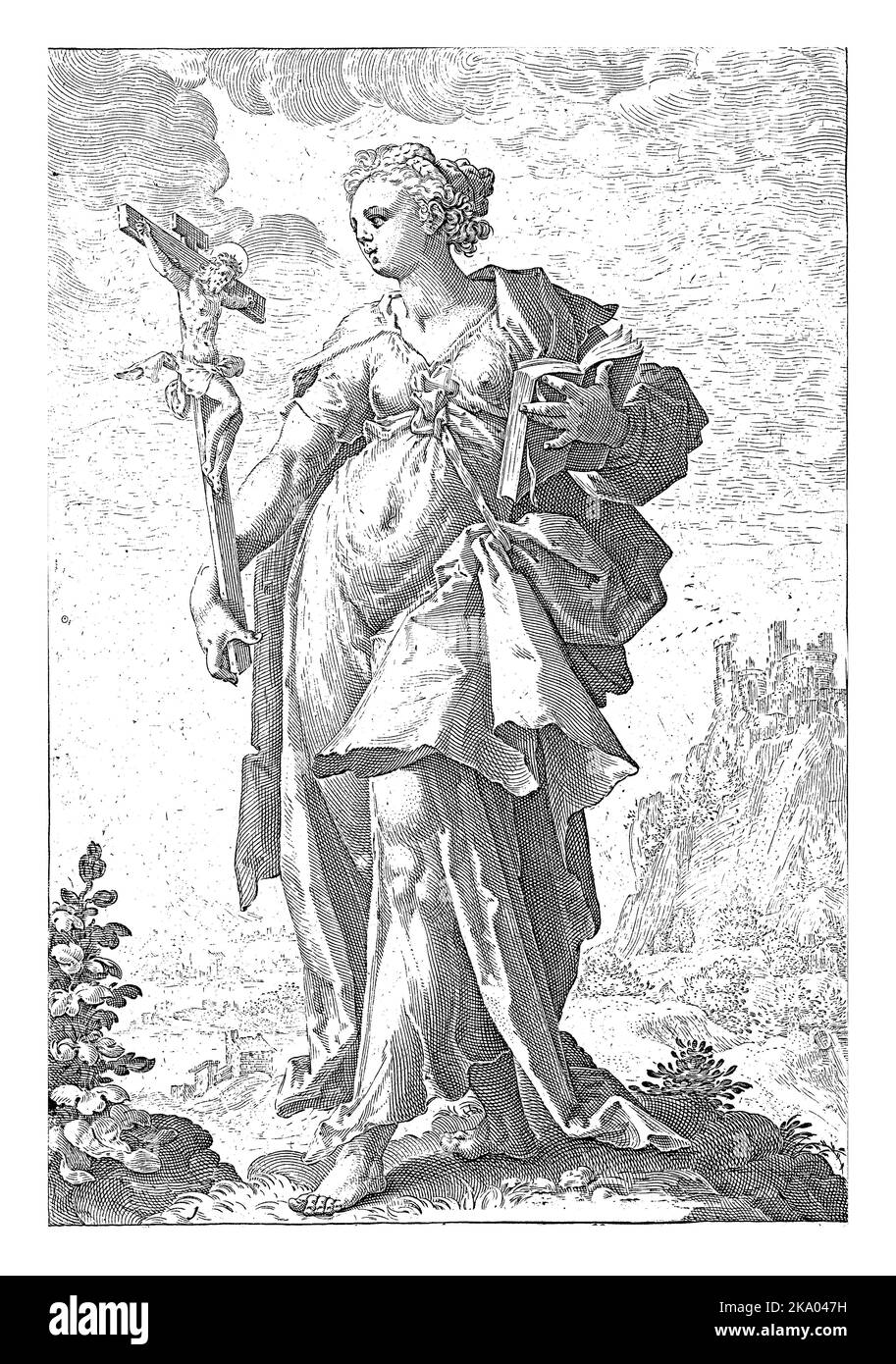 Der Glaube personifiziert; eine weibliche Figur mit einem Kruzifix und einer bibel. Stockfoto
