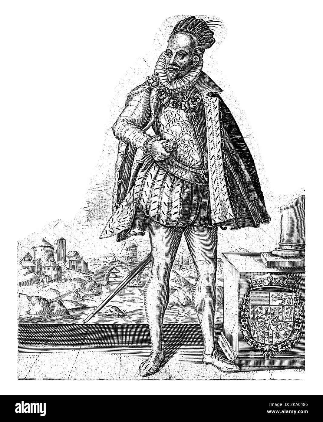 Porträt von Matthias von Österreich, dem späteren römisch-deutschen Kaiser, in seiner Rolle als Gouverneur der Niederlande. Er trägt einen kurzen Mantel und hält seine Handschuhe Stockfoto