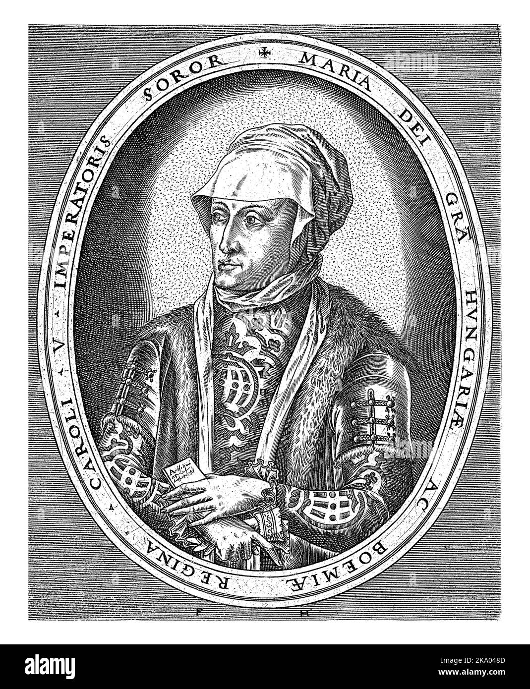 Porträt der Maria von Ungarn, Regentin der Niederlande, in halber Länge nach links mit einem Papier mit einer Inschrift in der Hand, in einem ovalen Rahmen mit ed Stockfoto