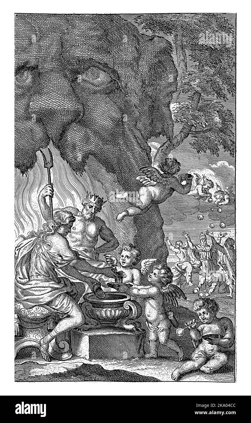 Allegorie der Flüchtigkeit des Lebens, Gaspar Bouttats, nach Godfried Maes, 1650 - 1695 im Vordergrund ein Höllenmünd, wo zwei klassische Götter pou Stockfoto