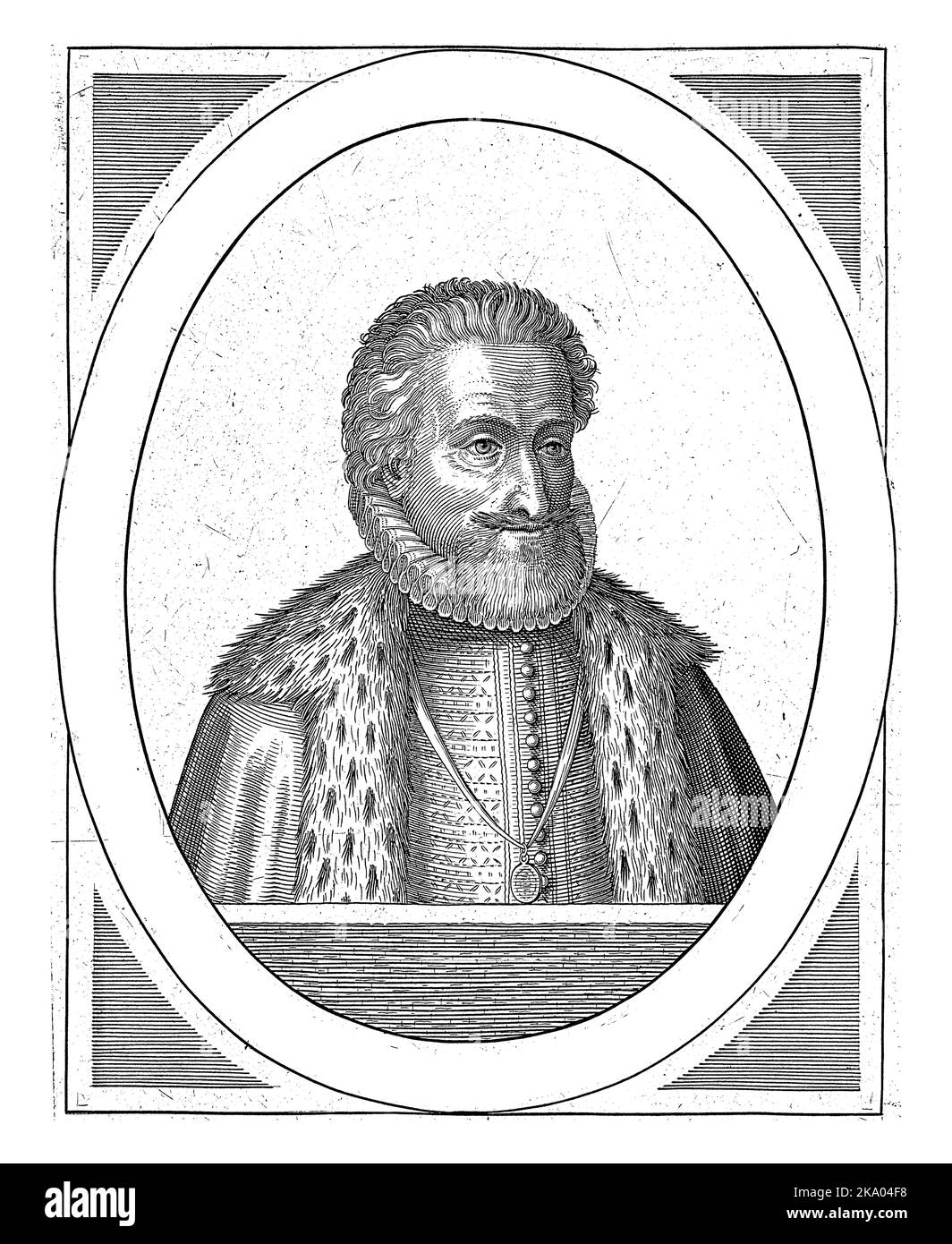 Büste rechts von Heinrich IV., König von Frankreich und Navarra, in ovalem Rahmen, mit einer Randinschrift mit seinem Namen und Titel in lateinischer Sprache. Unterhalb des Hafens Stockfoto