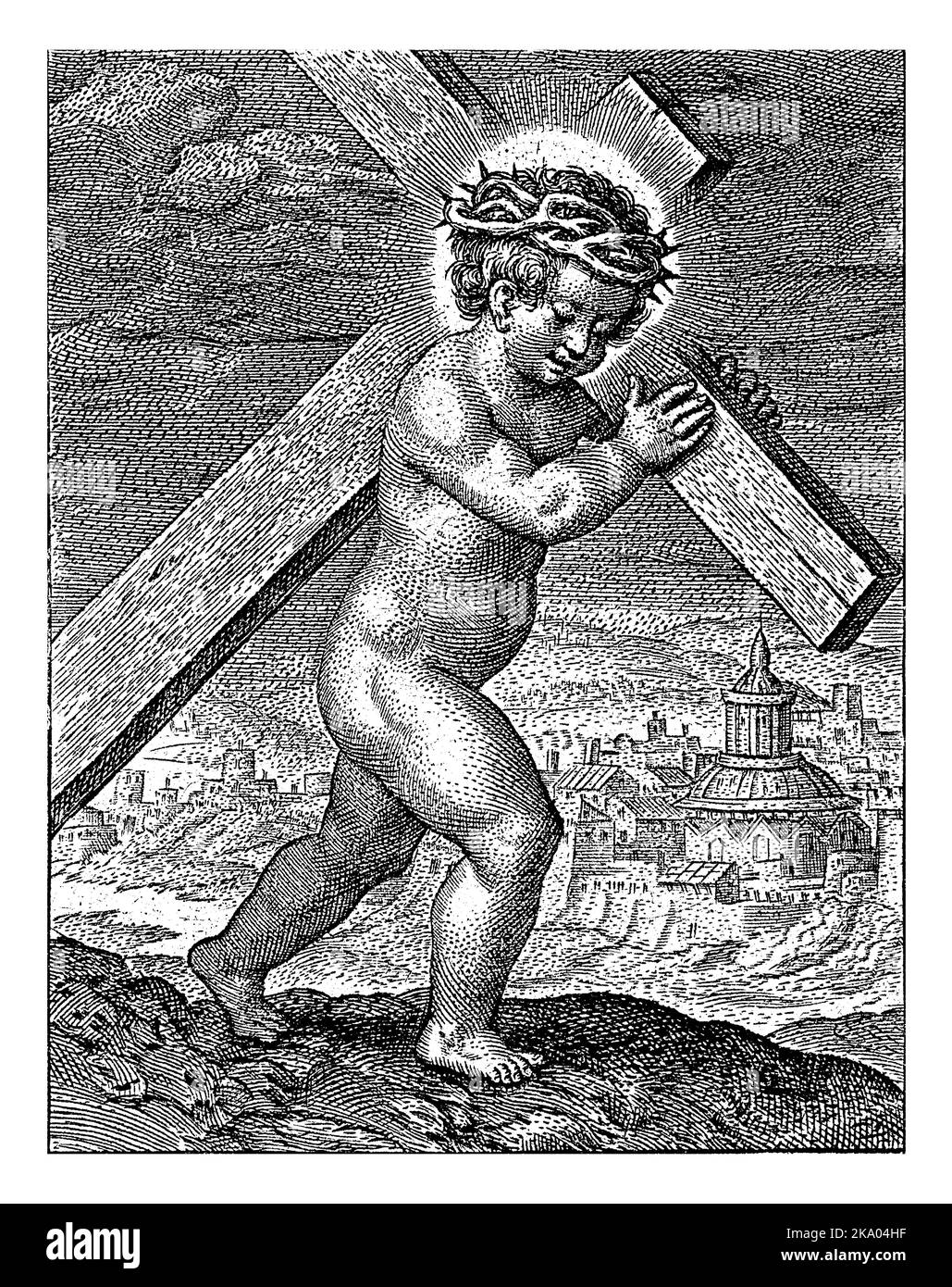 Christuskind, das das Kreuz trägt, Hieronymus Wierix, 1563 - vor 1619 Christuskind, das das Kreuz trägt. Das Kind wird mit der Krone des tho gekrönt Stockfoto