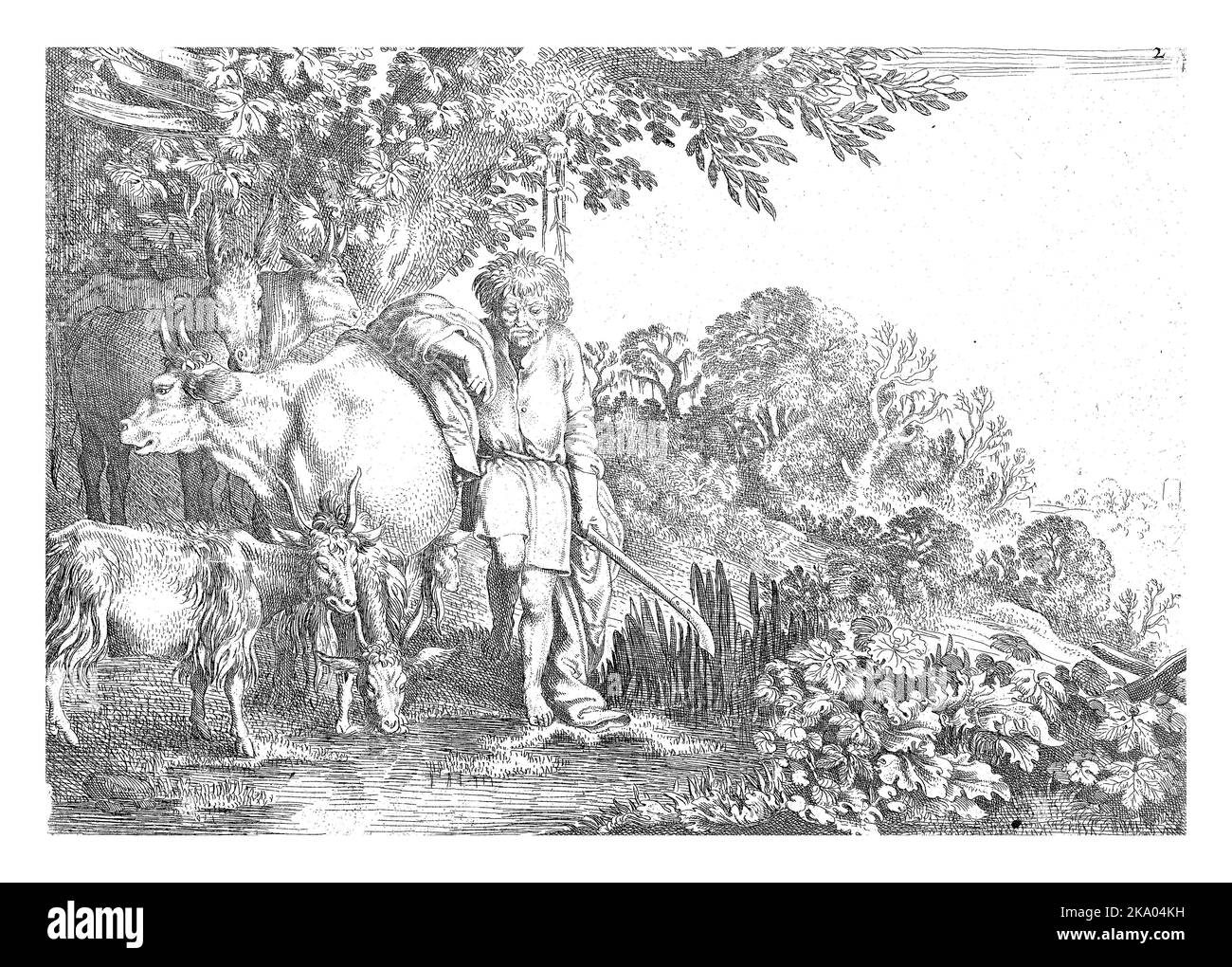 Der Riese Argus lehnt sich mit seinem rechten Arm auf die Kuh IO. Szene aus Ovids Metamorphosen. Stockfoto