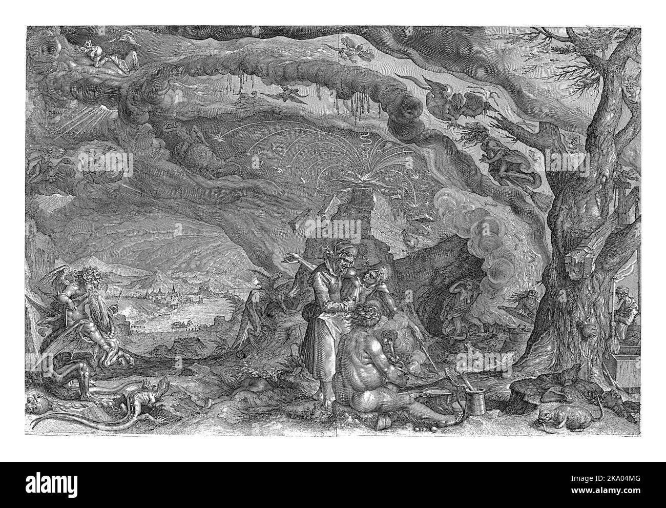 Vorbereitungen für den Hexensabbat. Amor sitzt auf einem geflügelten Drachen auf der linken Seite. In der Mitte des Druckes eine Gruppe von Hexen, die einen Magi vorbereiten Stockfoto