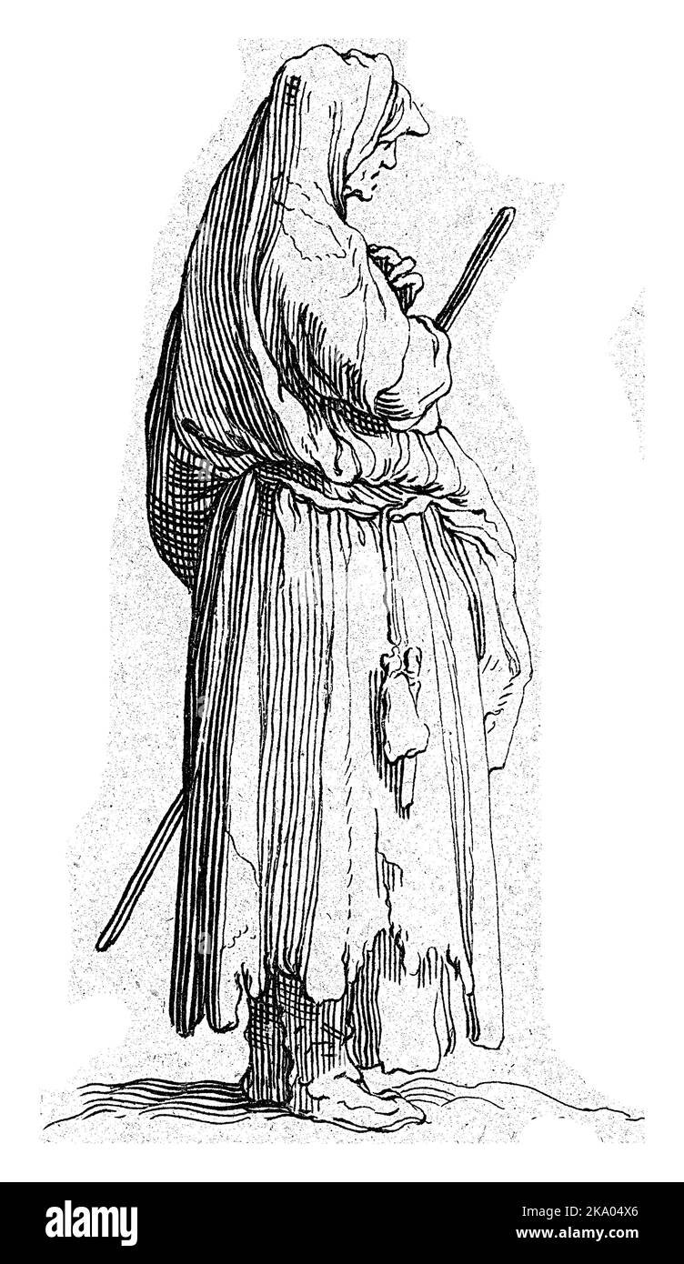 Alte Bäuerin, Frederick Bloemaert, nach Abraham Bloemaert, nach 1635 - 1669 Alte Frau, seitlich abgebildet, mit Stock und Geldbeutel um sie herum Stockfoto