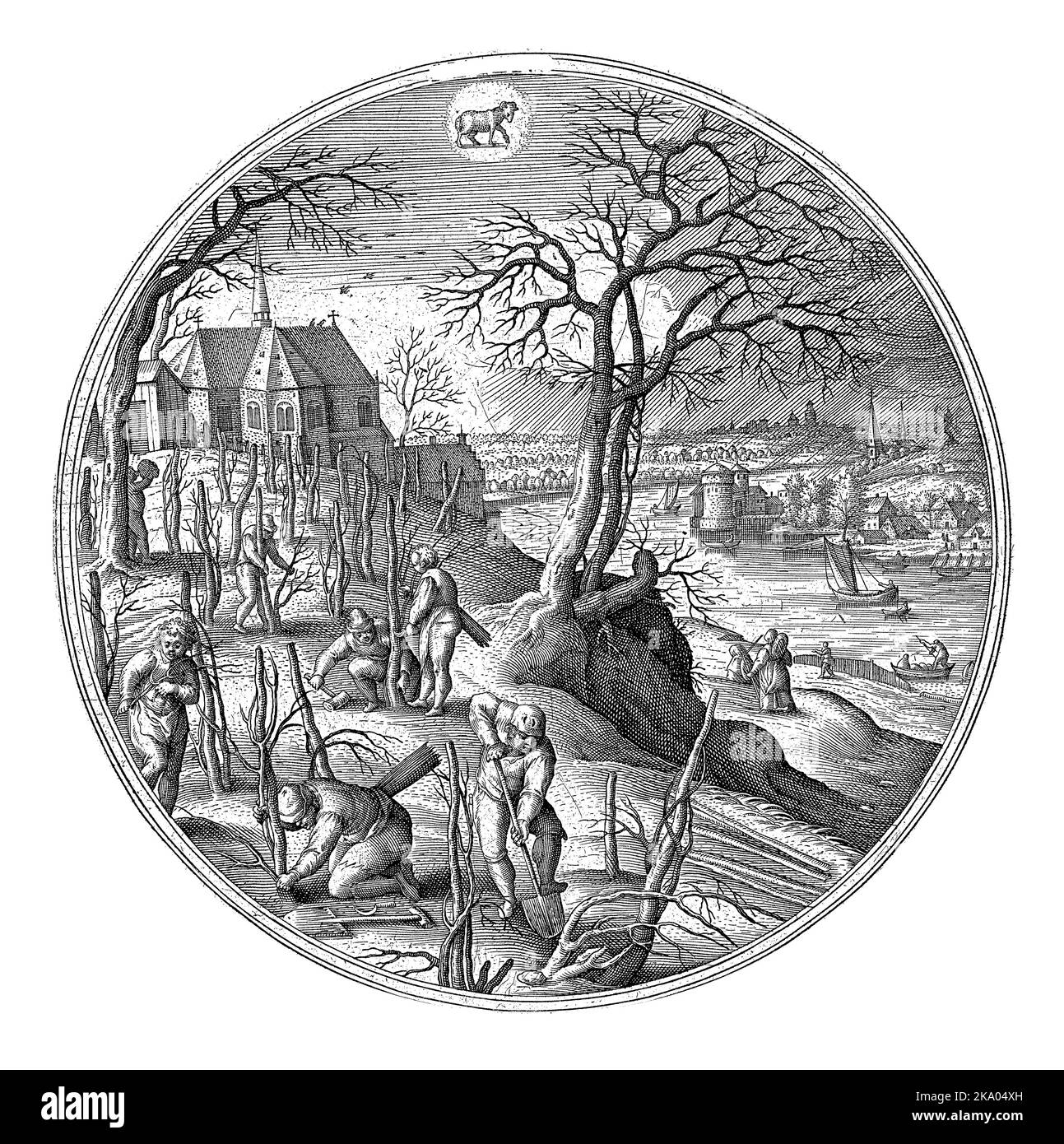 März, Adriaen Collaert, nach Hans Bol, 1578 - 1582 Rundbild mit Landschaft mit Frühlingsszenen. März ist der Pflanzmonat. Überall sind die Menschen b Stockfoto