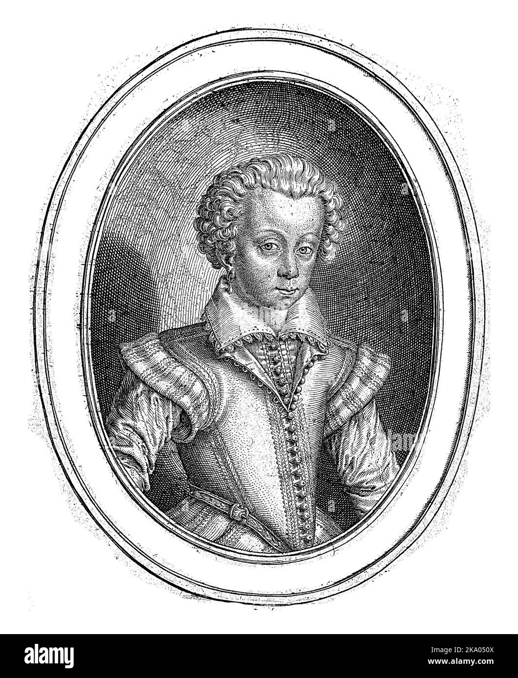 Büste von Heinrich II. Von Bourbon-Conde (1588â €“1646), dritter Prinz von Conde, im Alter von 10 Jahren, mit Ohrring im rechten Ohr. In oval, mit Randbeschriftung. Stockfoto
