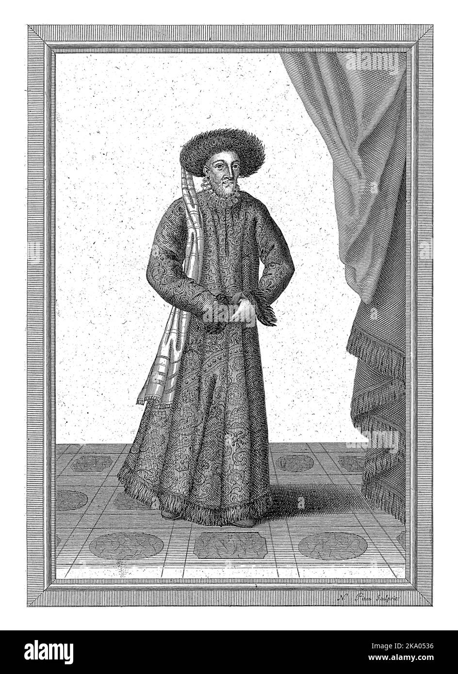 Porträt von Alain IV., Herzog von Bretagne. Er trägt einen Pelzhut. Am Rand eine fünfzeilige Beschriftung auf Französisch. Stockfoto