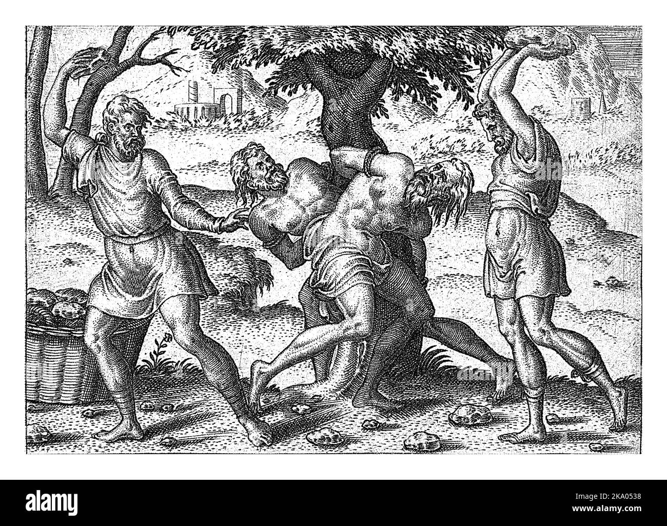 Steinigung der Ältesten, Abraham de Bruyn, 1570 die beiden Ältesten werden an einen Baum gebunden und von zwei Henkern gesteinigt. Der Druck hat eine lateinische Beschriftung. Stockfoto