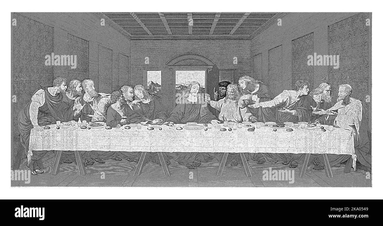 Das Fresko „das letzte Abendmahl“ von Leonardo Da Vinci mit Christus zwischen den Aposteln an einem langen Tisch. Stockfoto Das Fresko „das letzte Abendmahl“ von Leonardo Da Vinci mit Christus zwischen den Aposteln an einem langen Tisch. Stockfoto