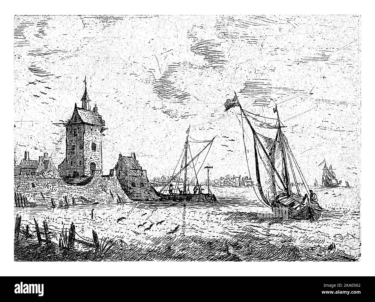 Hafenansicht mit Wachturm, Bonaventura Peeters (I), 1624 - 1652 Stockfoto