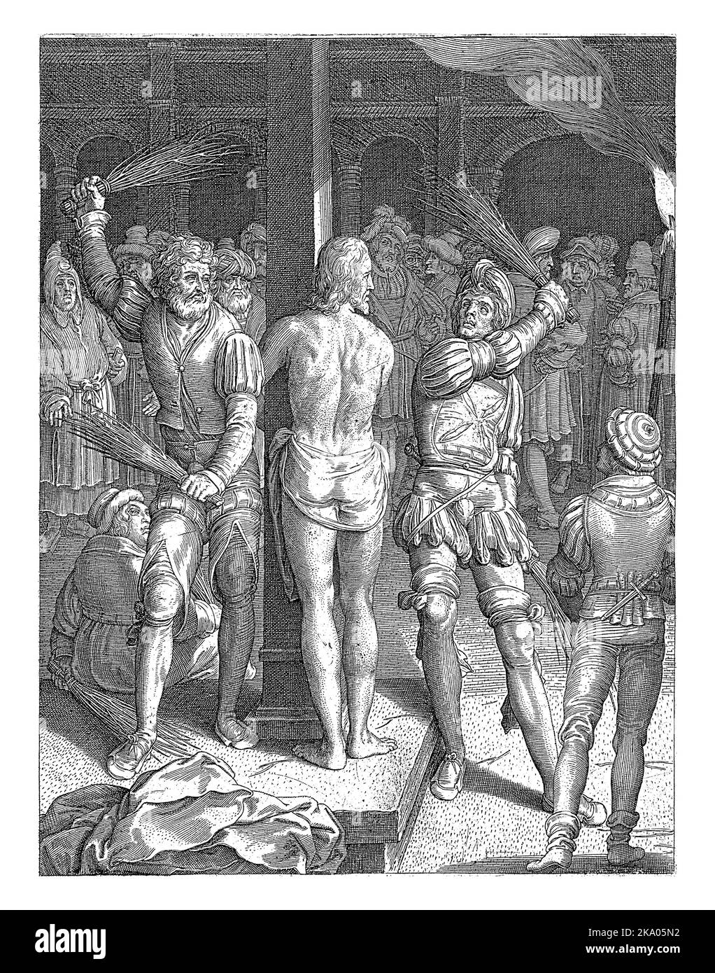 Christus ist an eine Säule gebunden und wird auf Geheiß von Pontius Pilatus von Soldaten geschlagen. Stockfoto