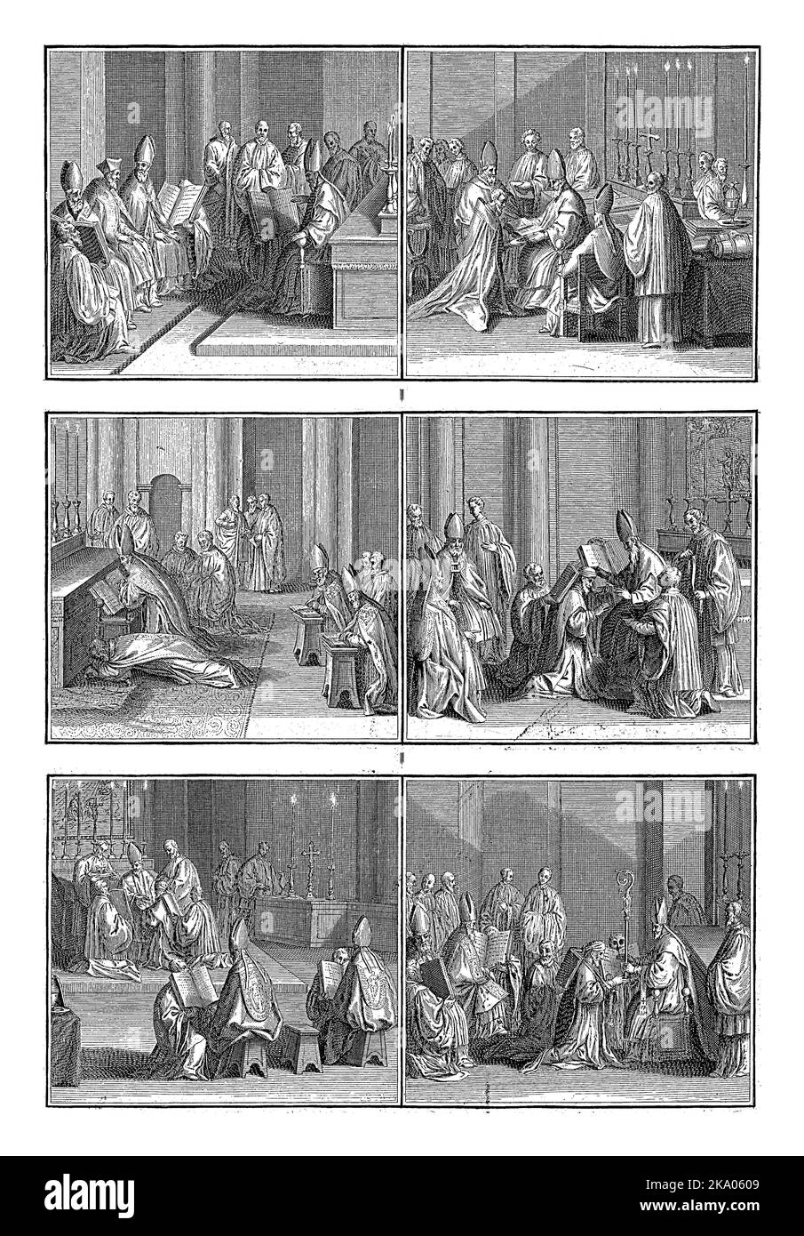 Weihe eines Bischofs, Bernard Picart (Werkstatt von), 1722 Blatt mit sechs Darstellungen der Bischofsweihe in der römisch-katholischen Kirche. Stockfoto