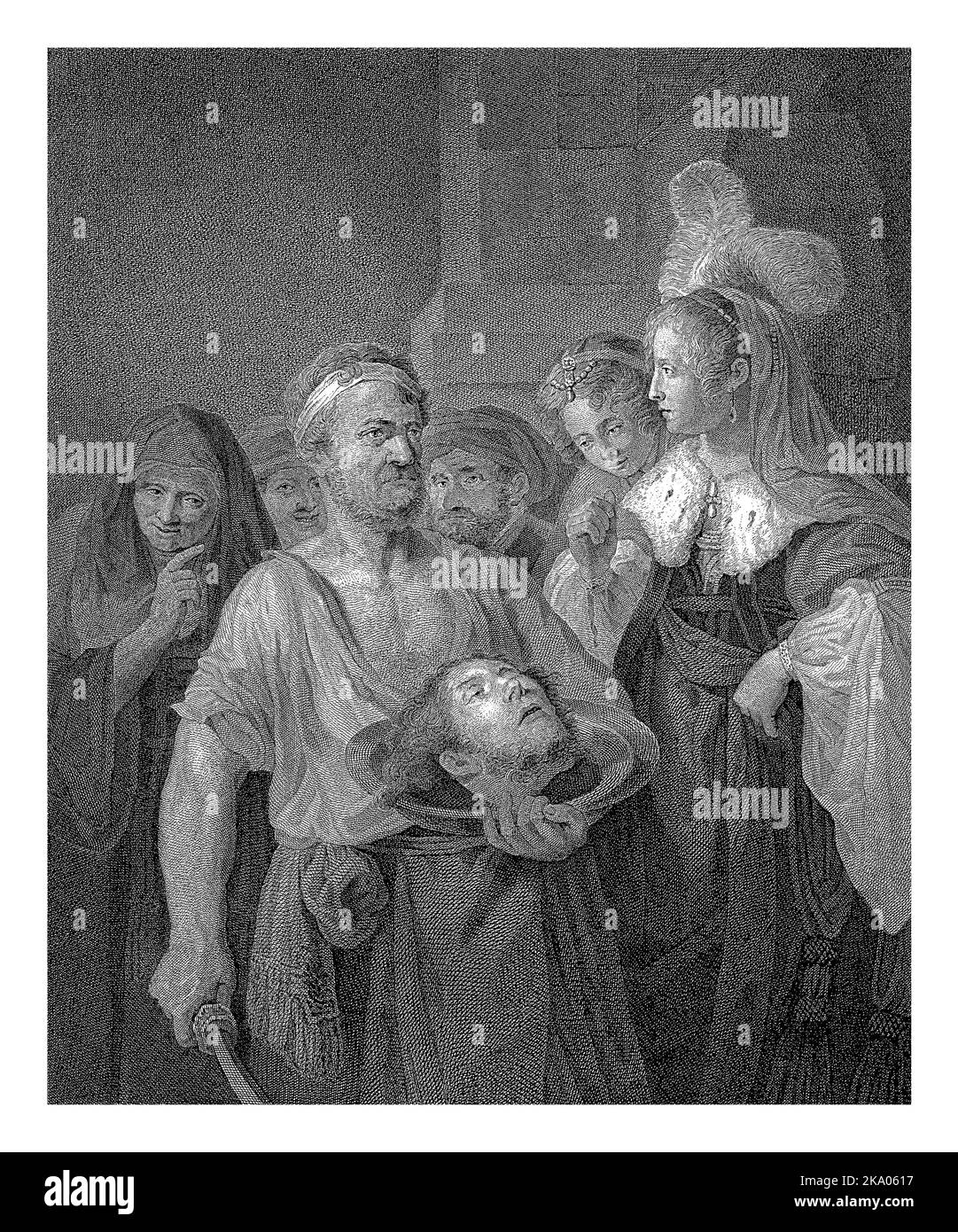 Der Henker, der Johannes den Täufer enthauptet hat, bringt den noch blutenden Kopf auf einem Tablett zu Salome, der Stieftochter des Herodes. Stockfoto