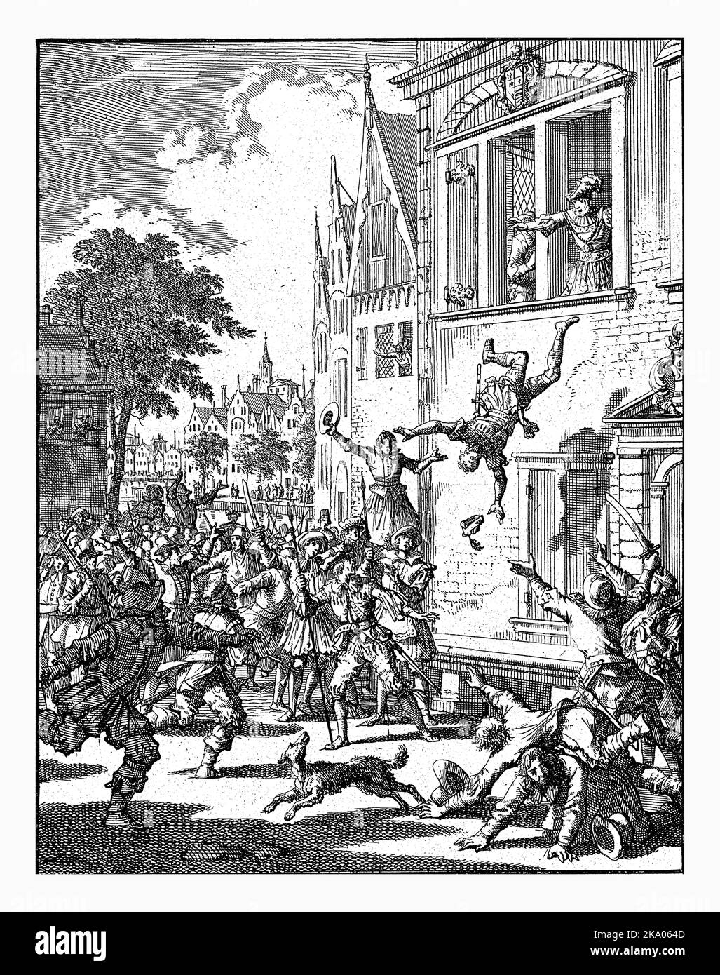 Wolfert van Borselen in Delft aus dem Fenster geworfen und ermordet, 1299, Jan Luyken, 1698 Wolfert van Borselen, lord of Veere, wird vom Wind geworfen Stockfoto
