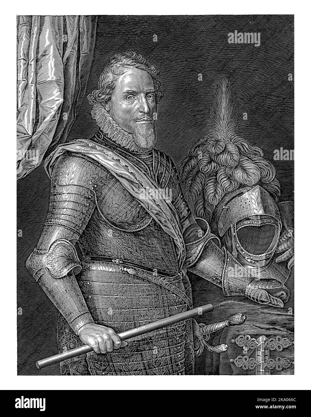 Porträt von Maurits, Prinz von Oranien, gekleidet in Rüstung mit einem Stab des Kommandanten in der Hand. Sein Helm befindet sich rechts vom Tisch. Stockfoto