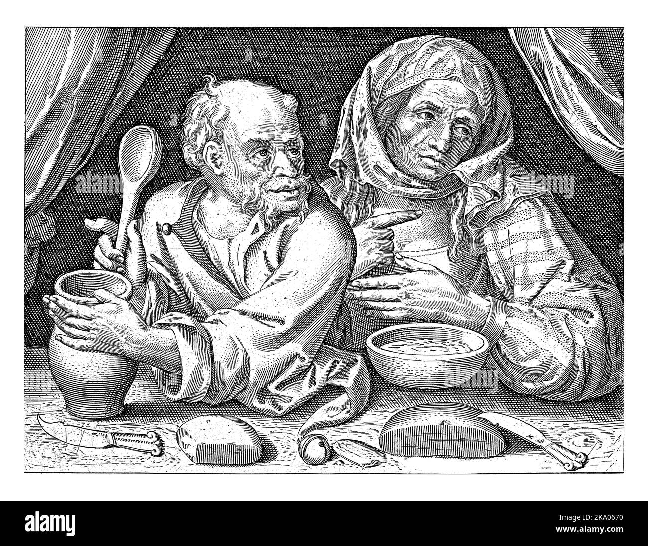 Mann und Frau sitzen am Tisch und essen Brei. Der deutsche Vers am unteren Rand spielt auf den Verzehr des nahrhaften Haferbrei an, der sich hält Stockfoto