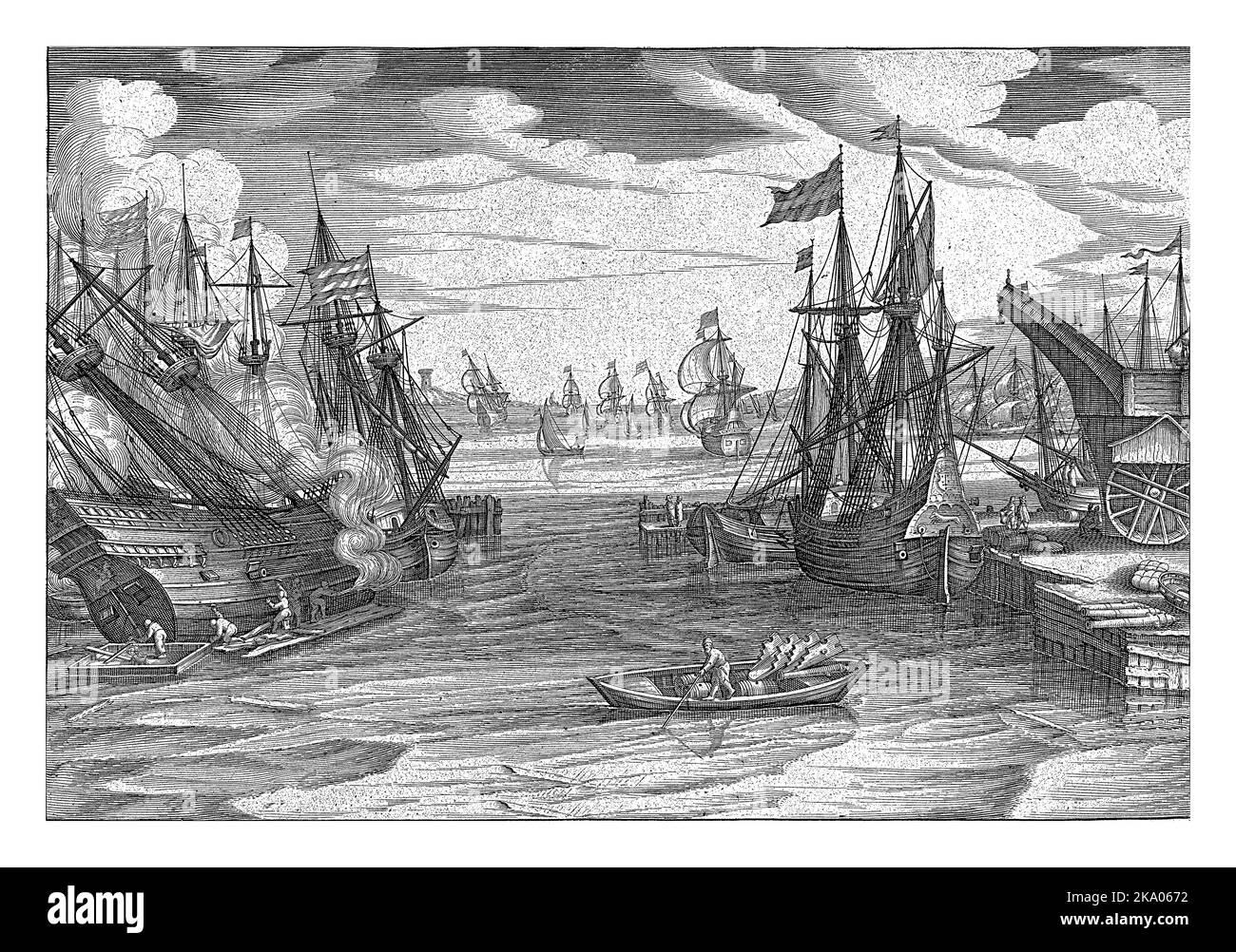 Hafenansicht mit einem Kran auf der rechten Seite und einem Ruderboot in der Mitte im Vordergrund. Ein Boot wird auf der linken Seite verdampft Stockfoto